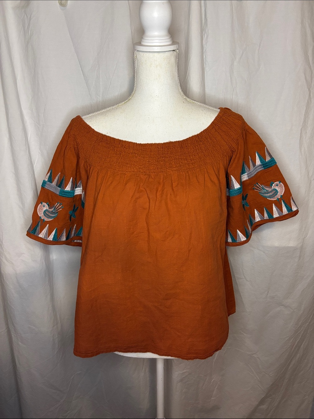 Joy Joy Rust Embroidered Off-Shoulder Peasant Top